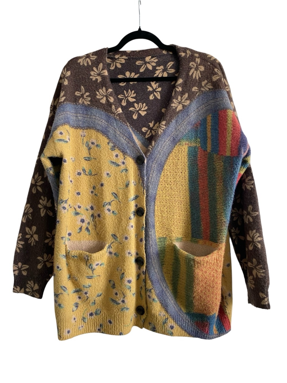 Wool Blend Patchwork Button Cardigan Sweater Pockets Oversized